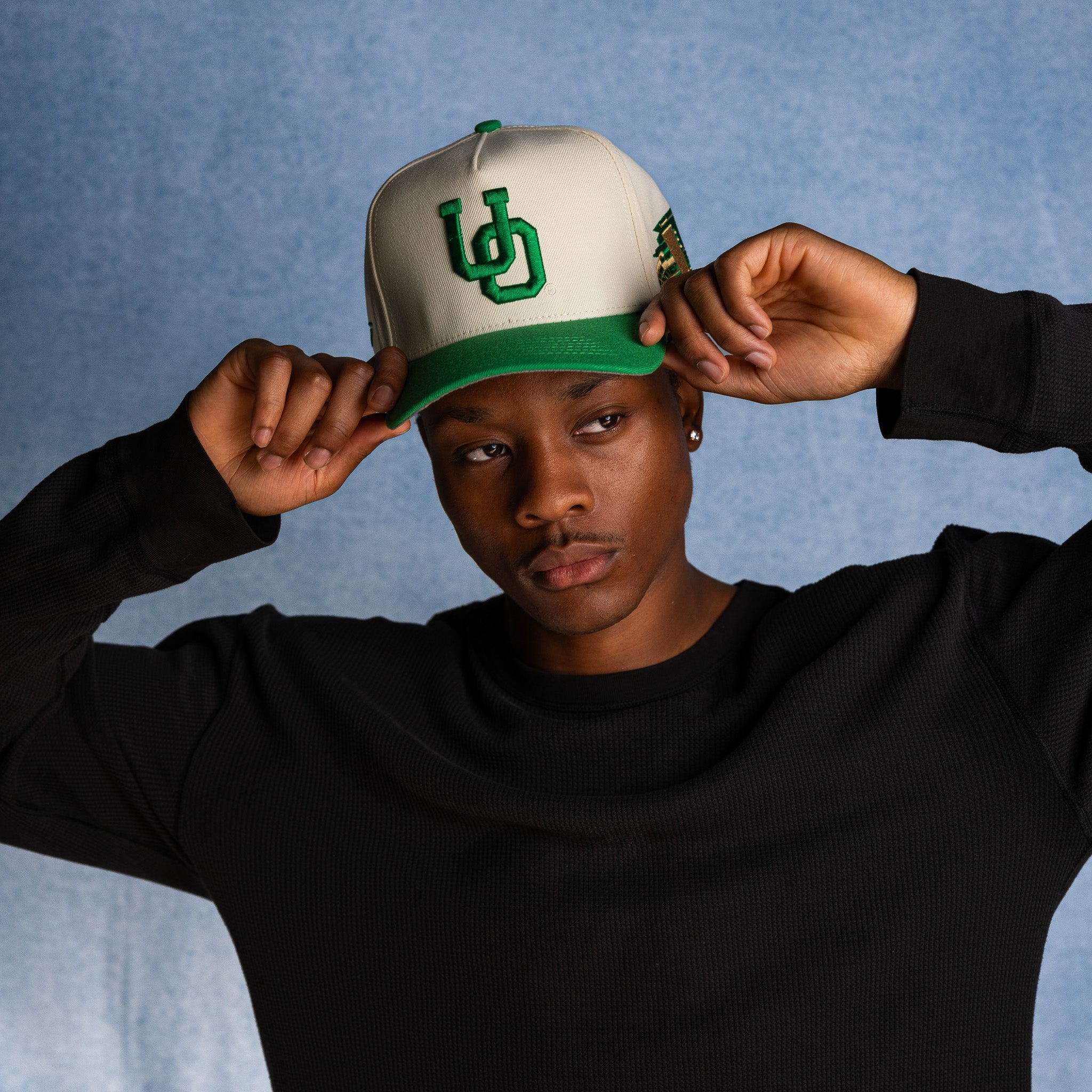Oregon Ducks Hat Cream & Green UO Stadium Patch Snapback - On Model Lifestyle B