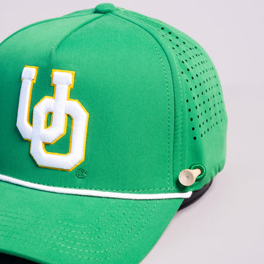 Oregon Ducks Hat Green & Yellow Tee Box Performance - Front Detail Angled