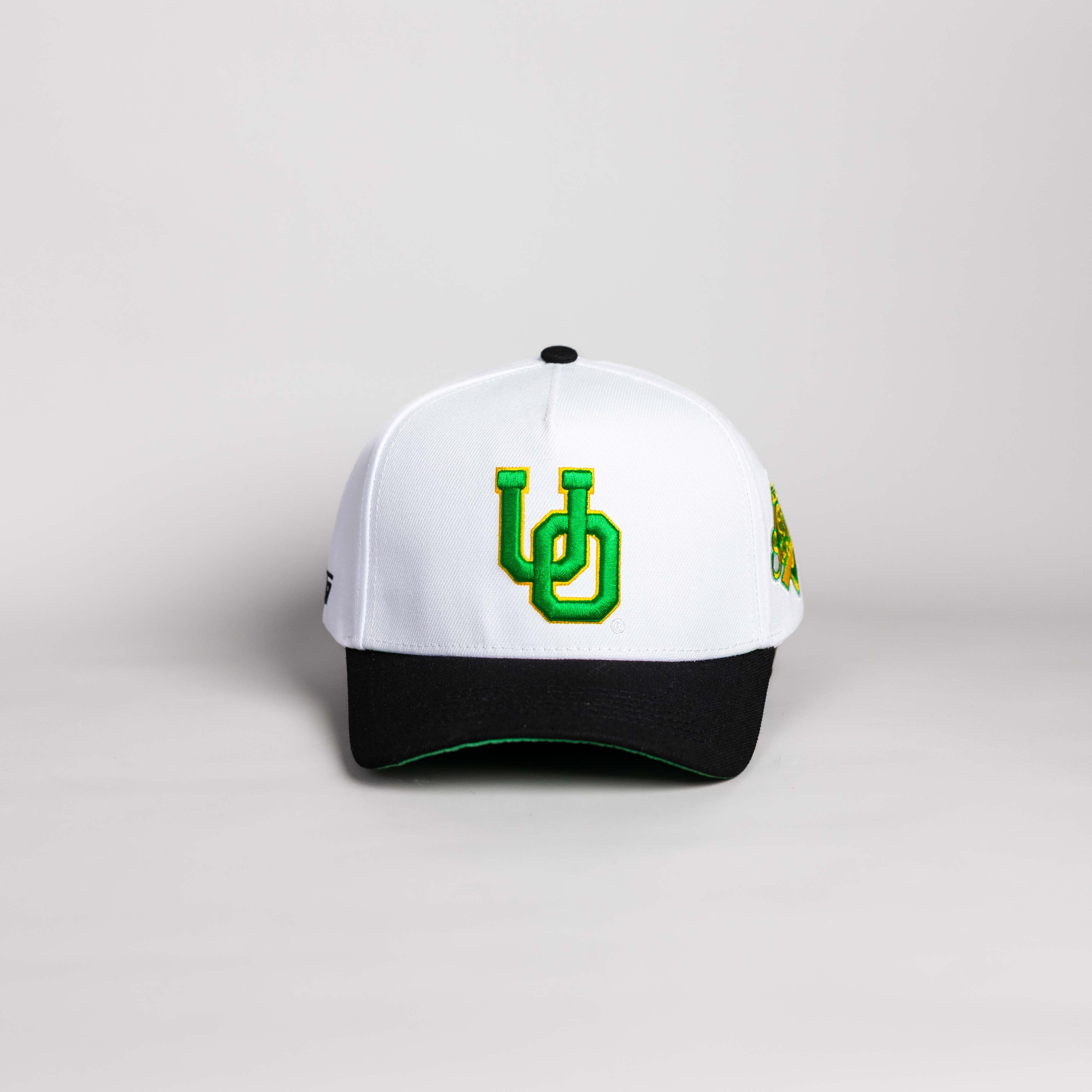 Oregon Ducks Hat White & Black Color Splash Snapback - Front Panel