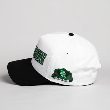 Oregon Ducks Hat White & Black Corduroy Flying V - Side Patch Detail