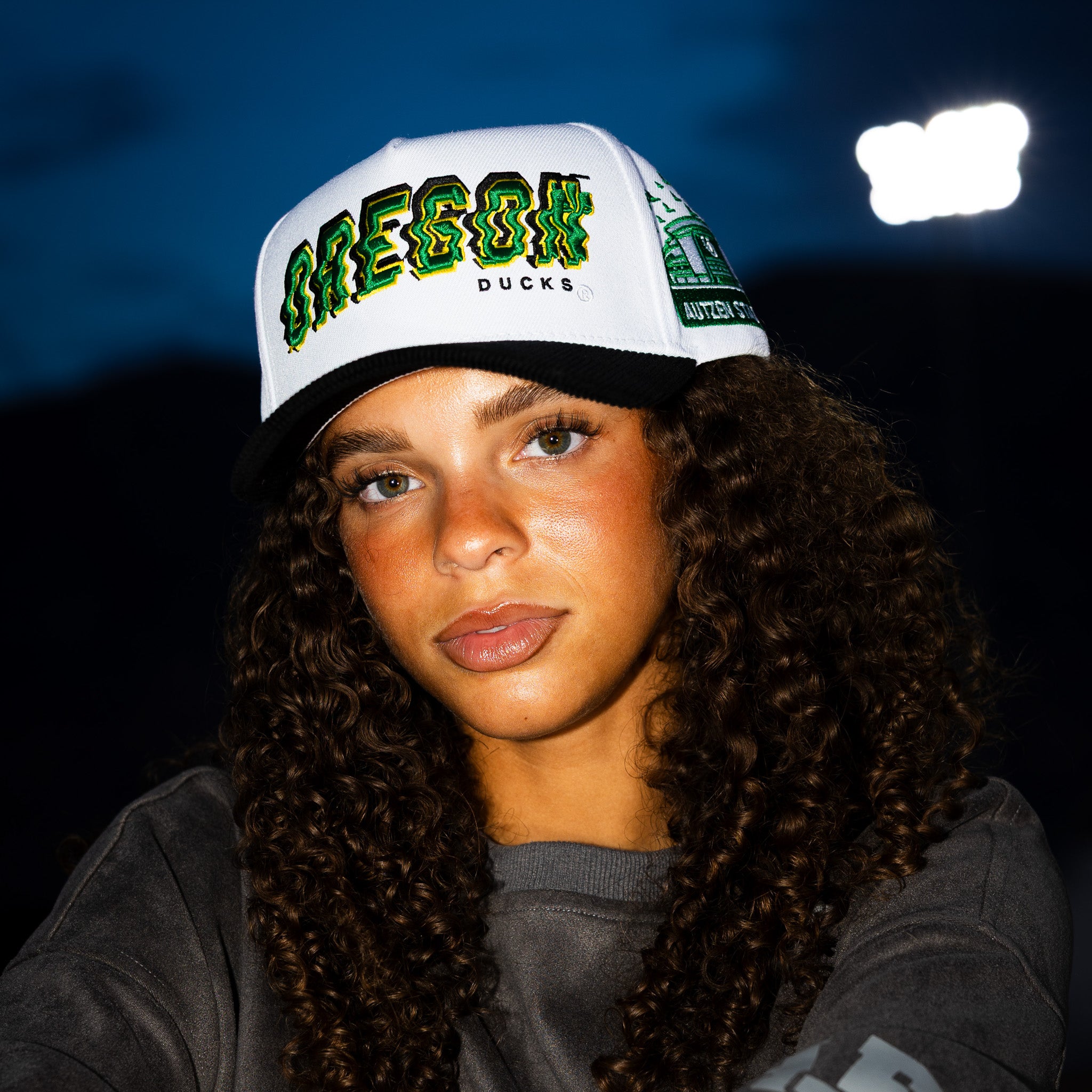 Oregon Ducks Hat White & Black Corduroy Stadium Pulse Snapback - On Model Lifestyle
