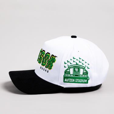 Oregon Ducks Hat White & Black Corduroy Stadium Pulse Snapback - Side Autzen Stadium Patch