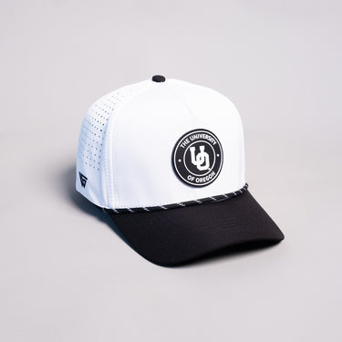 Oregon Ducks Hat White & Black Tee Box Performance - Angled View