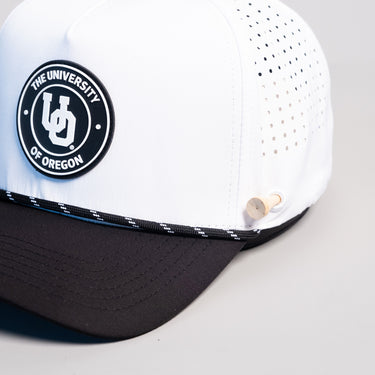 Oregon Ducks Hat White & Black Tee Box Performance - Front Detail Angled