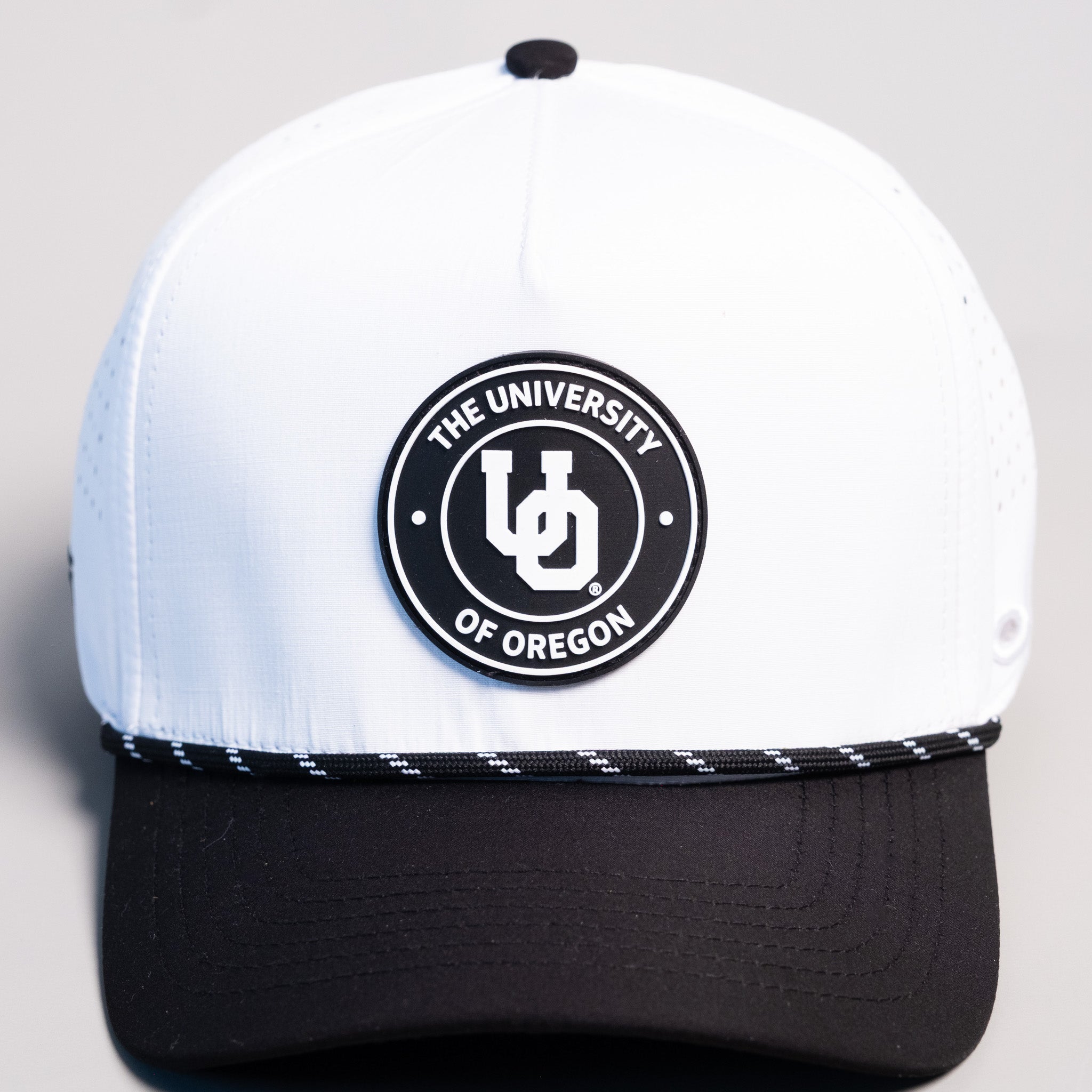 Oregon Ducks Hat White & Black Tee Box Performance - Front Detail