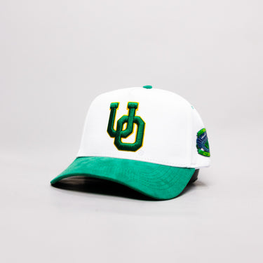 Oregon Ducks Hat White & Green Suede Stadium Patch Snapback - Angled View