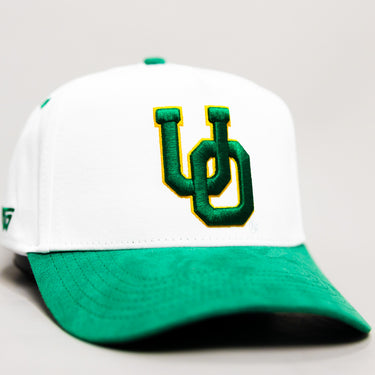 Oregon Ducks Hat White & Green Suede Stadium Patch Snapback - Front Detail