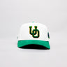 Oregon Ducks Hat White & Green Suede Stadium Patch Snapback - Front Panel
