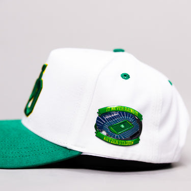 Oregon Ducks Hat White & Green Suede Stadium Patch Snapback - Stadium Detail