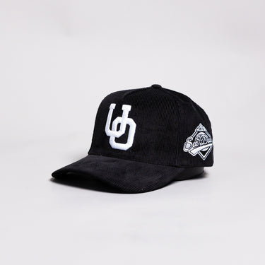 Oregon Ducks Interlock O Hat Black Corduroy White Logo Side Patch Snapback - Angled View