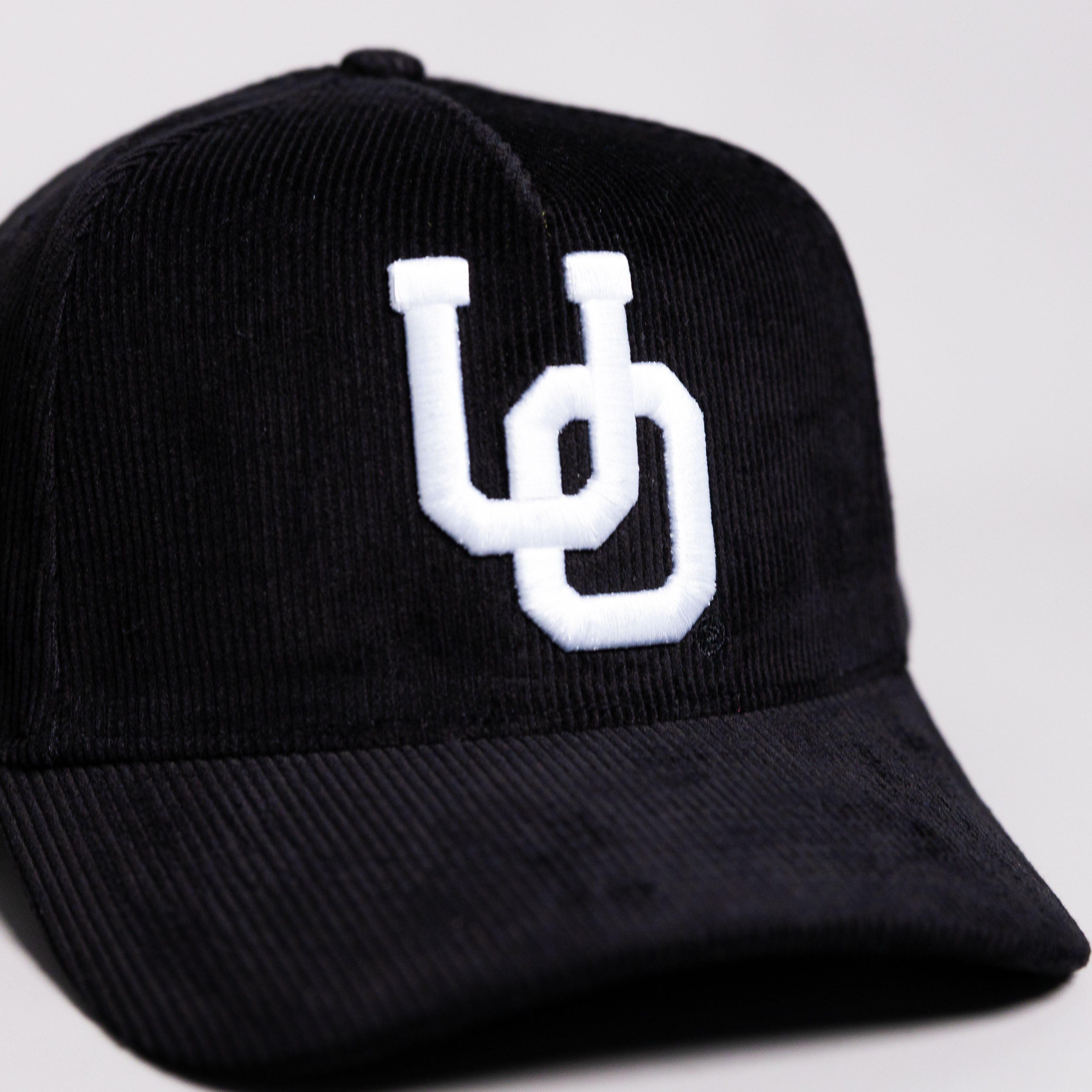 Oregon Ducks Interlock O Hat Black Corduroy White Logo Side Patch Snapback - Front Detail