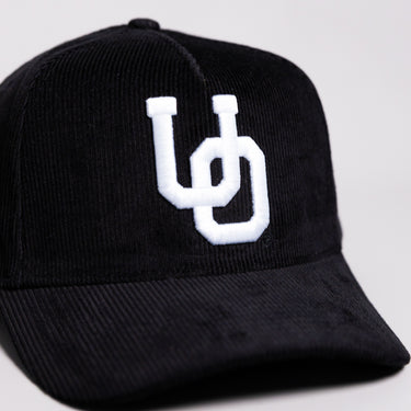 Oregon Ducks Interlock O Hat Black Corduroy White Logo Side Patch Snapback - Front Detail