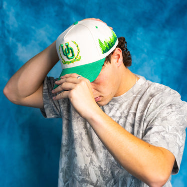Oregon Ducks O Logo Hat White Green Brim Treeline Patch Snapback College - On Model Lifestyle