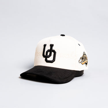 Oregon Ducks Stacked Letter Logo Hat Cream and Black Corduroy Snapback - Angled View