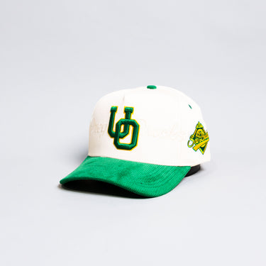 Oregon Ducks Stacked Letter Logo Hat Cream and Green Corduroy Snapback - Angled View