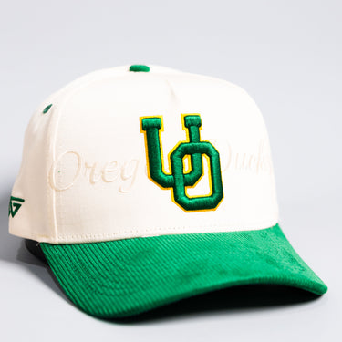 Oregon Ducks Stacked Letter Logo Hat Cream and Green Corduroy Snapback - Front Detail