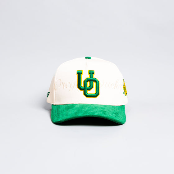 Oregon Ducks Stacked Letter Logo Hat Cream and Green Corduroy Snapback - Front Panel