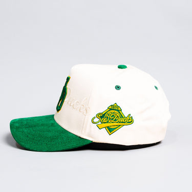 Oregon Ducks Stacked Letter Logo Hat Cream and Green Corduroy Snapback - Side Patch