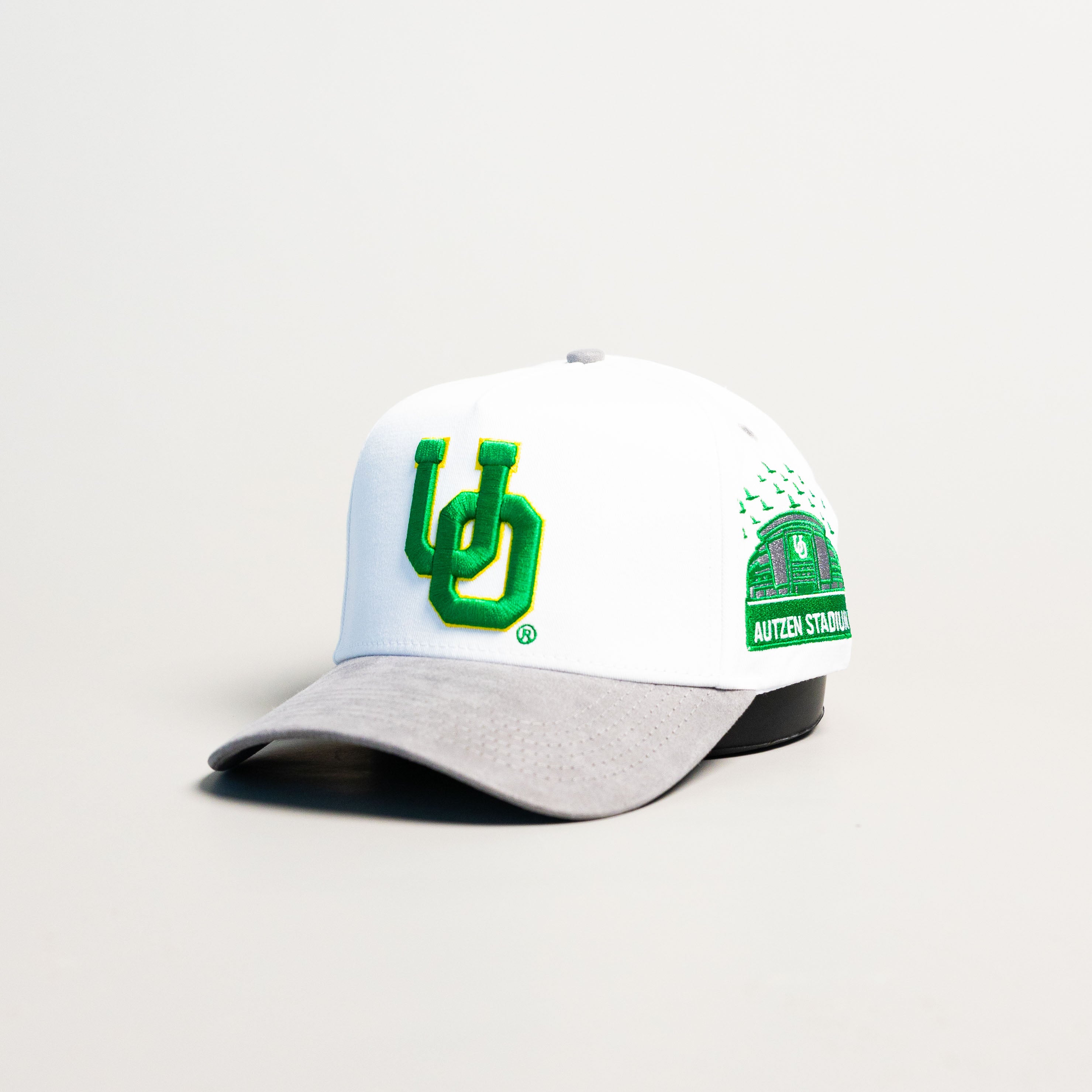 Oregon Ducks UO Hat White Grey Suede Brim Autzen Stadium Patch Snapback - Angled View