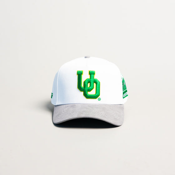 Oregon Ducks UO Hat White Grey Suede Brim Autzen Stadium Patch Snapback - Front Panel