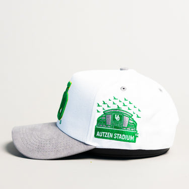 Oregon Ducks UO Hat White Grey Suede Brim Autzen Stadium Patch Snapback - Side Stadium