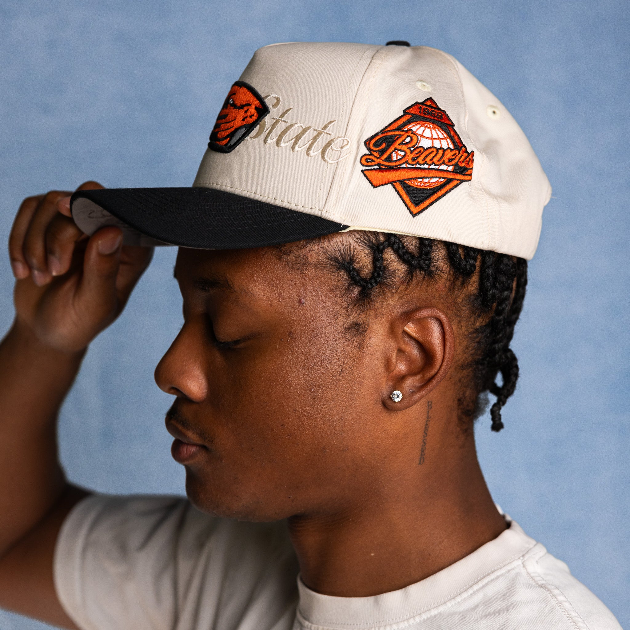 Oregon State Beavers Hat Cream & Black Script Snapback - On Model Lifestyle B