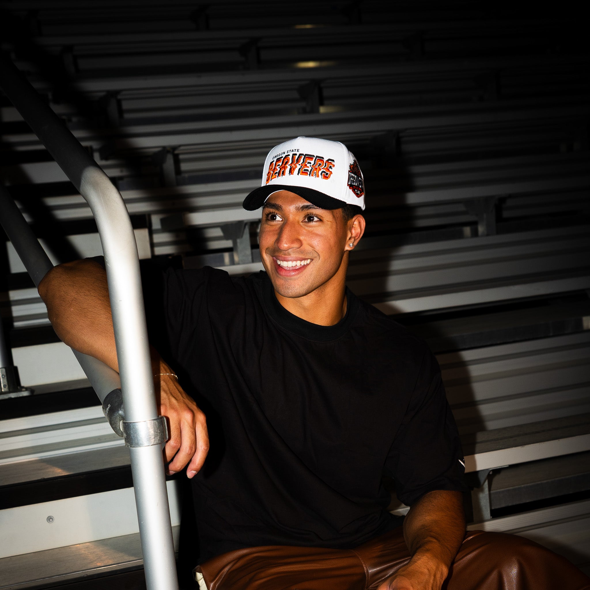 Oregon State Beavers Hat White & Black Corduroy Stadium Pulse Snapback - On Model Seated Lifestyle