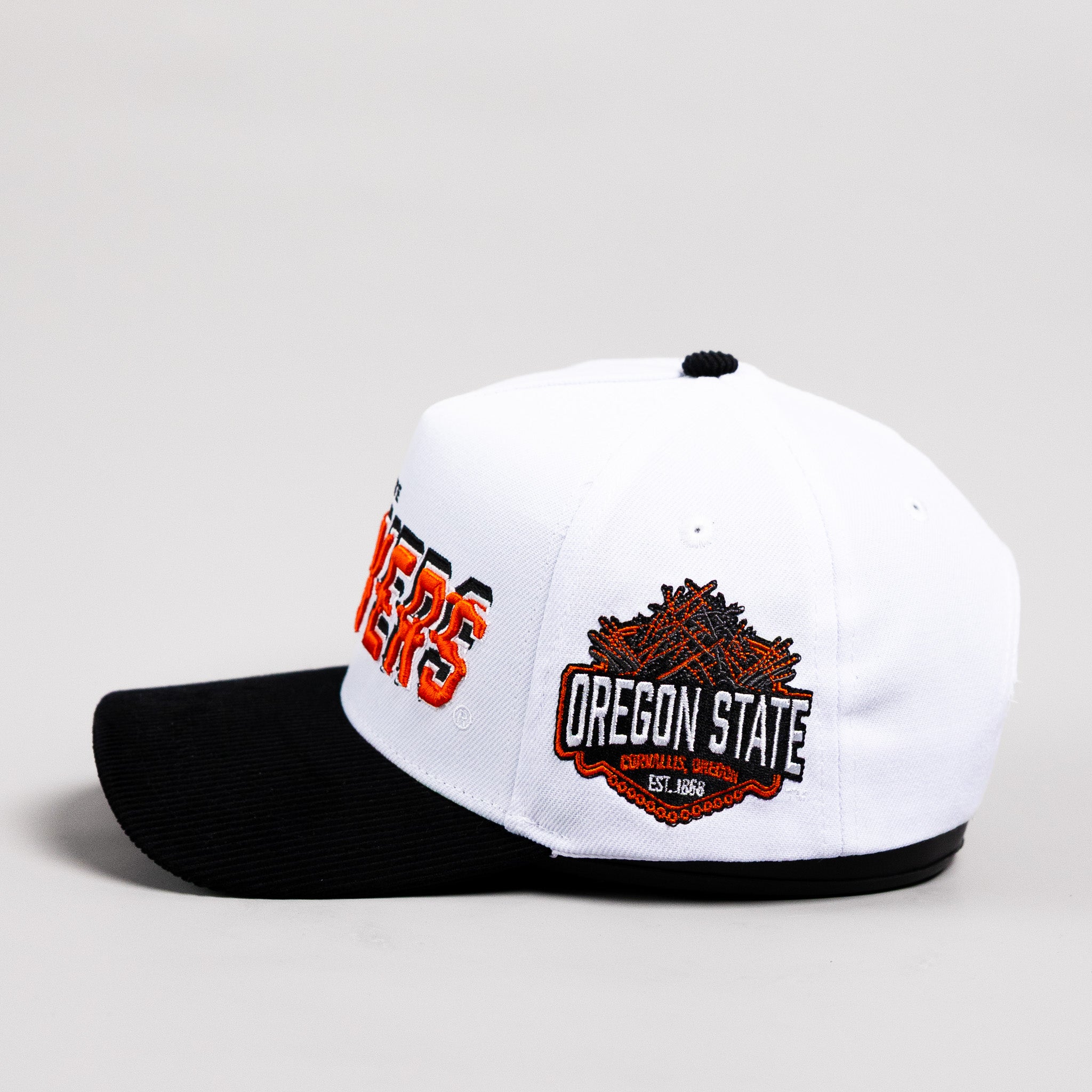 Oregon State Beavers Hat White & Black Corduroy Stadium Pulse Snapback - Side Crest Patch