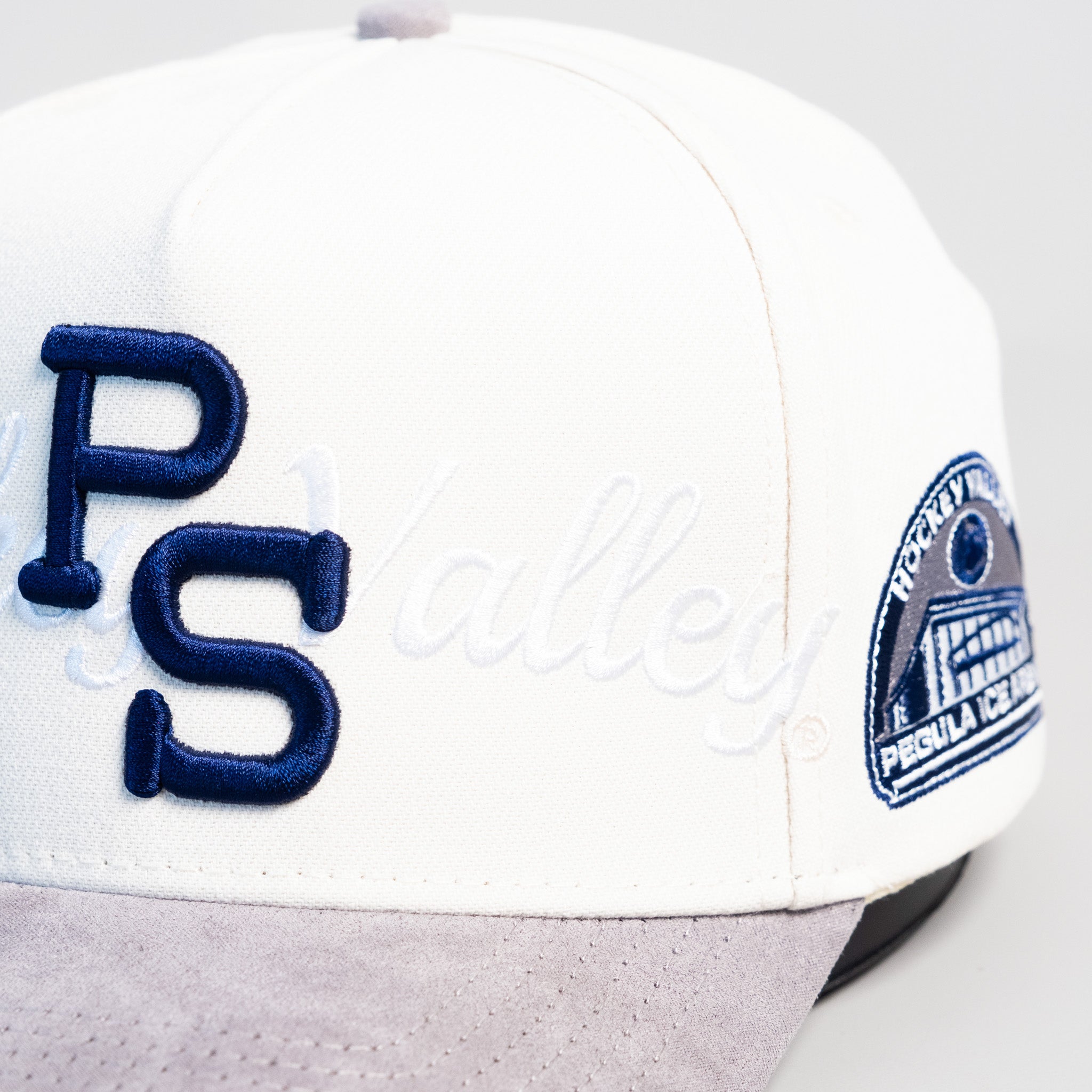 Penn State Hat Cream Grey Hockey Valley Snapback - Front Detail Angled