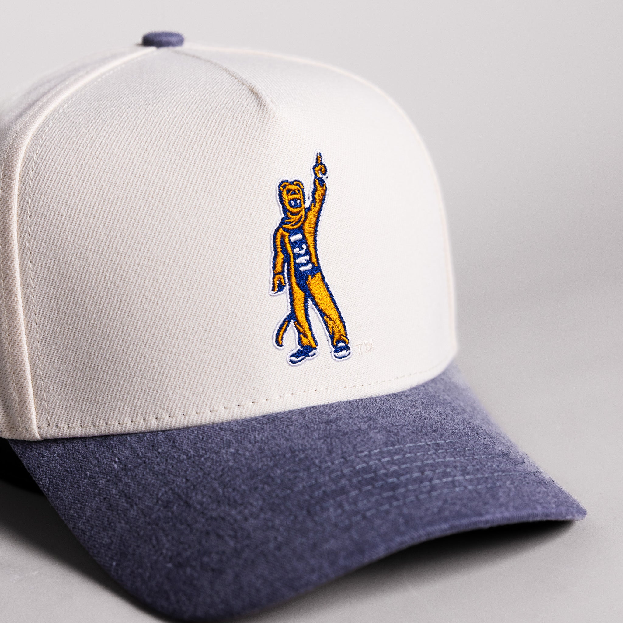 Penn State Nittany Lion Mascot Hat Cream Cotton Navy Suede Brim Happy Valley Patch Snapback - Front Detail