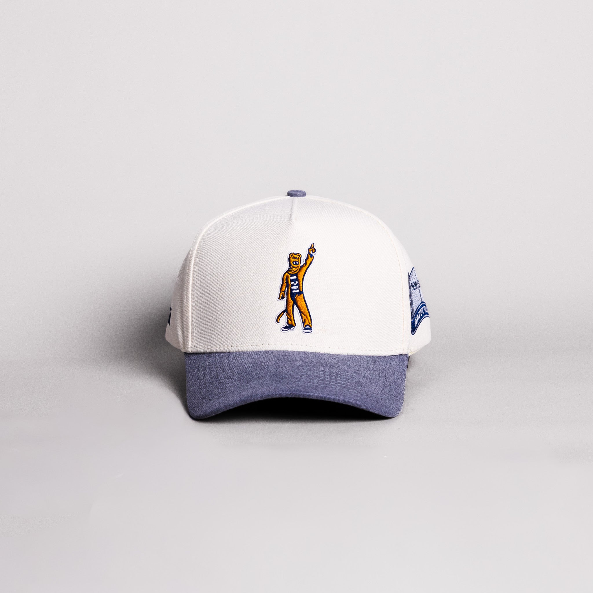 Penn State Nittany Lion Mascot Hat Cream Cotton Navy Suede Brim Happy Valley Patch Snapback - Front Panel