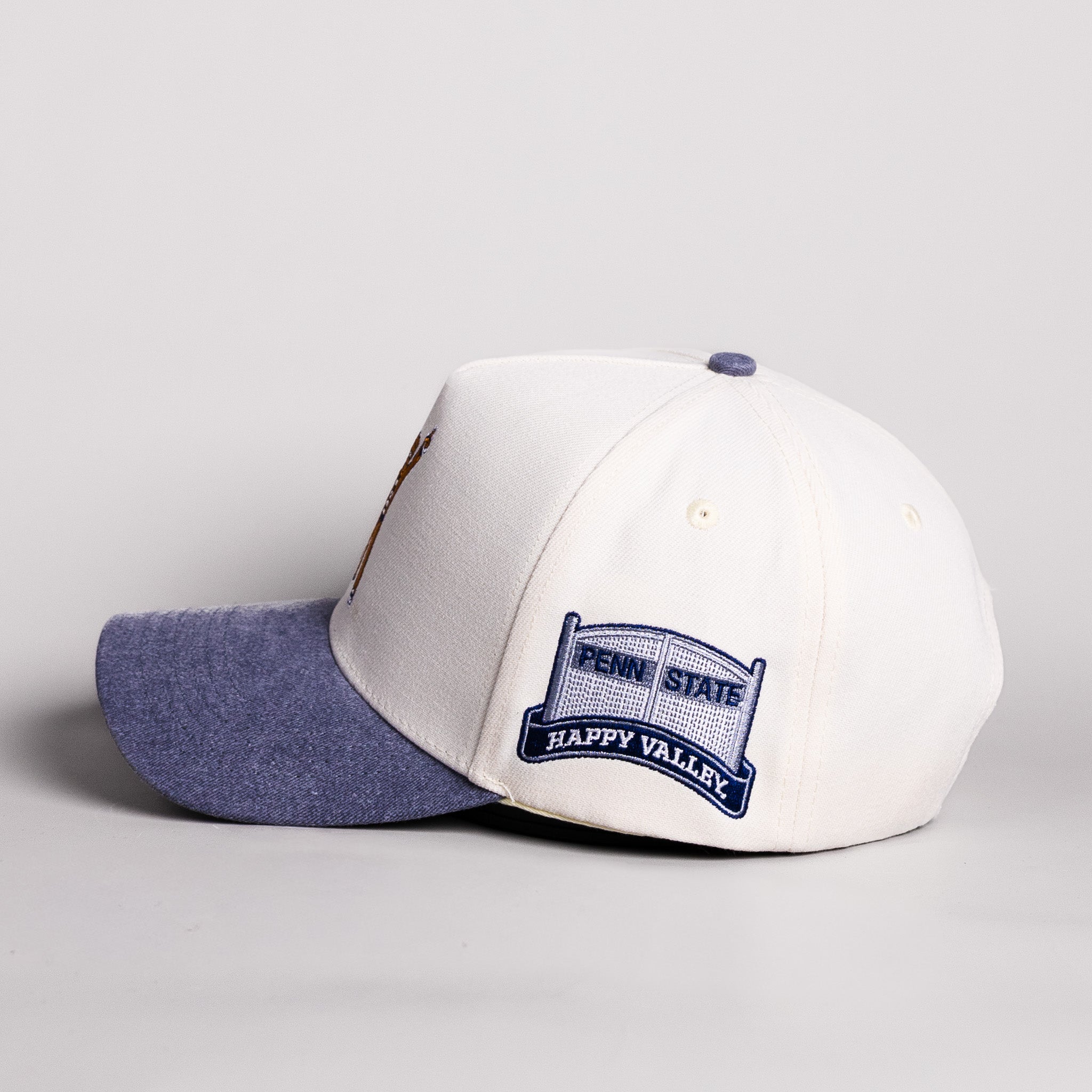 Penn State Nittany Lion Mascot Hat Cream Cotton Navy Suede Brim Happy Valley Patch Snapback - Side Patch