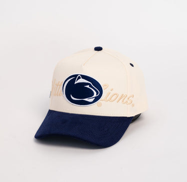 Penn State Nittany Lions Cream and Blue Corduroy Snapback Hat with Script Embroidery - Angled View