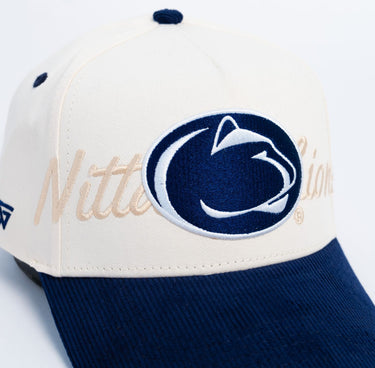 Penn State Nittany Lions Cream and Blue Corduroy Snapback Hat with Script Embroidery - Front Detail