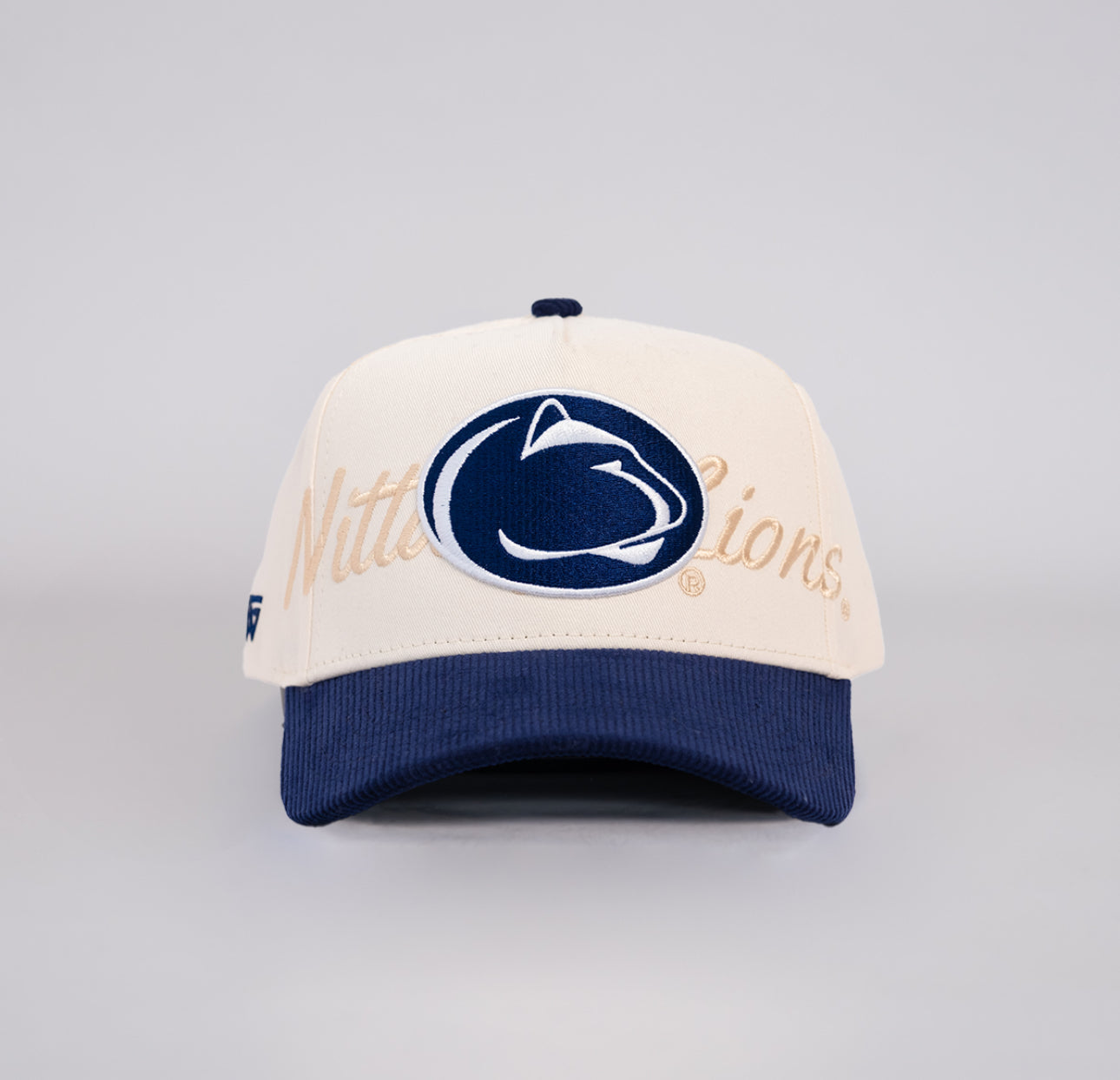 Penn State Nittany Lions Cream and Blue Corduroy Snapback Hat with Script Embroidery - Front Panel