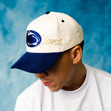 Penn State Nittany Lions Cream and Blue Corduroy Snapback Hat with Script Embroidery - On Model Lifestyle