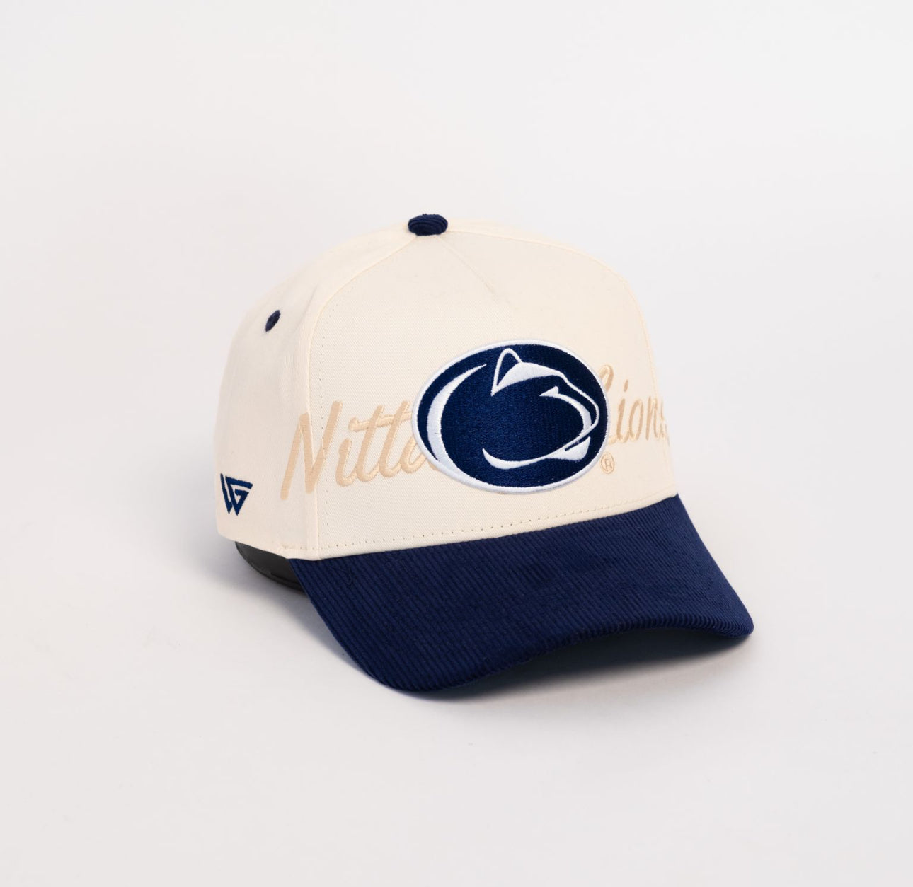 Penn State Nittany Lions Cream and Blue Corduroy Snapback Hat with Script Embroidery - Side Patch