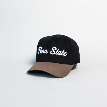 Penn State Nittany Lions Hat Black Corduroy Tan Suede Brim Snapback PSU - Angled View