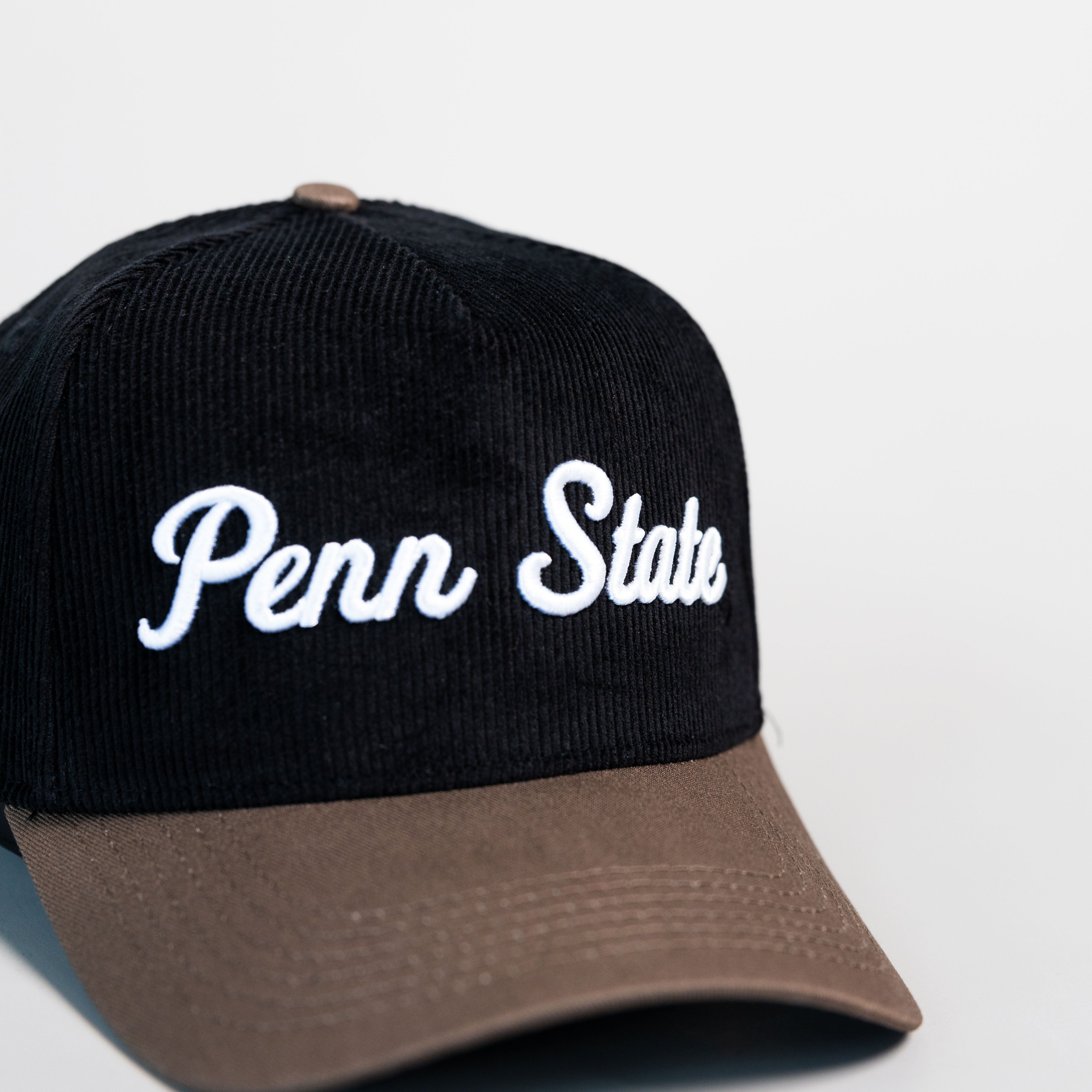 Penn State Nittany Lions Hat Black Corduroy Tan Suede Brim Snapback PSU - Front Detail