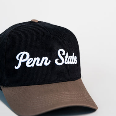 Penn State Nittany Lions Hat Black Corduroy Tan Suede Brim Snapback PSU - Front Detail