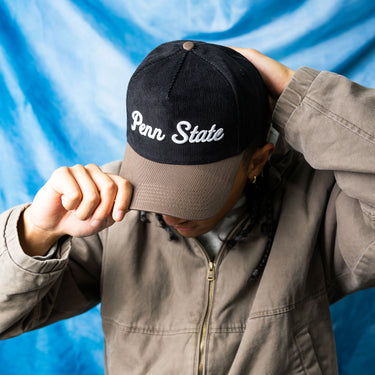 Penn State Nittany Lions Hat Black Corduroy Tan Suede Brim Snapback PSU - On Model Lifestyle