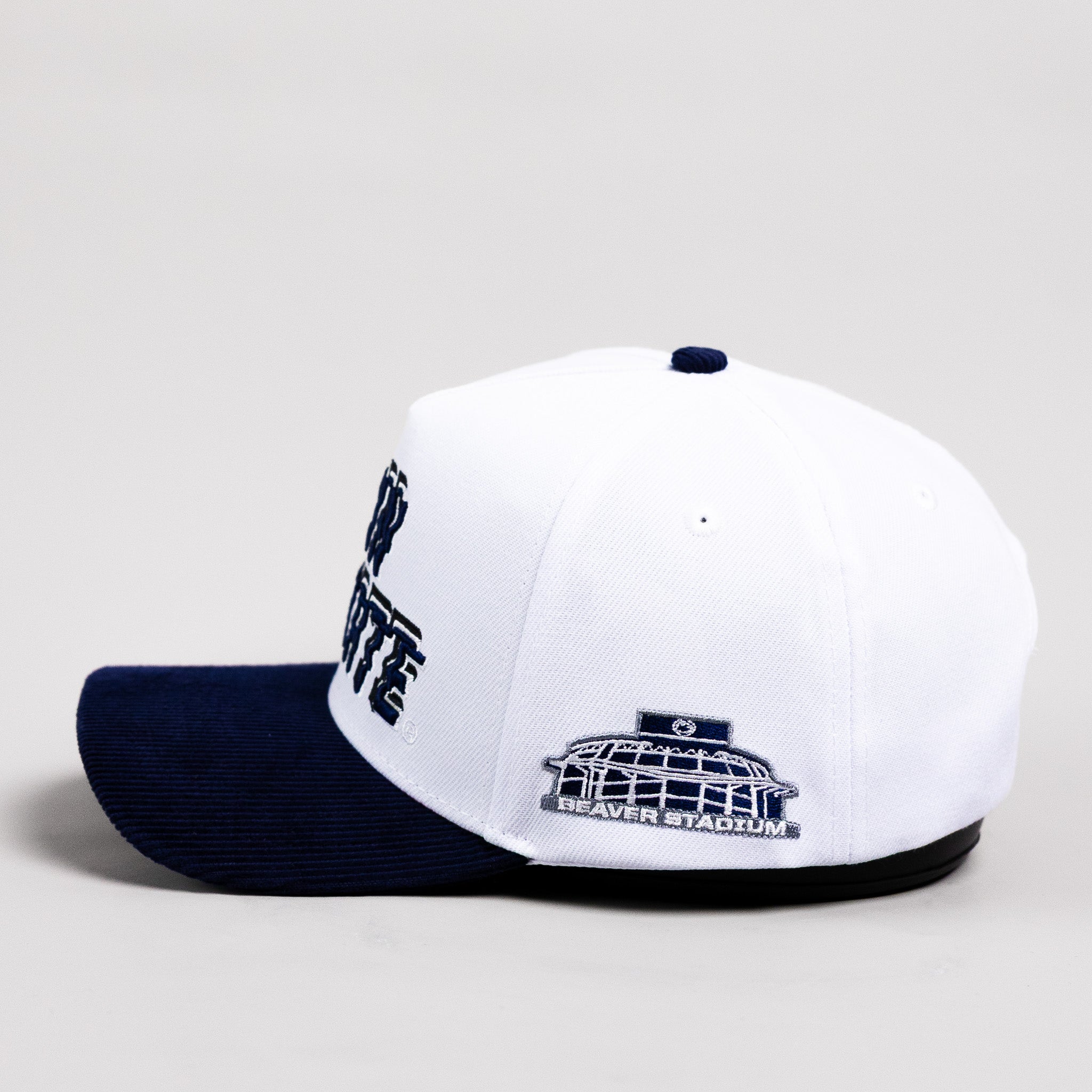 Penn State Nittany Lions Hat White & Navy Corduroy Stadium Pulse Snapback - Side Beaver Stadium Patch