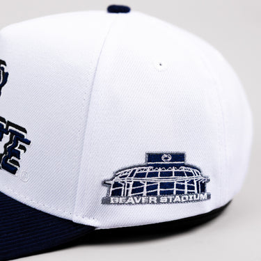 Penn State Nittany Lions Hat White & Navy Corduroy Stadium Pulse Snapback - Beaver Stadium Patch Detail