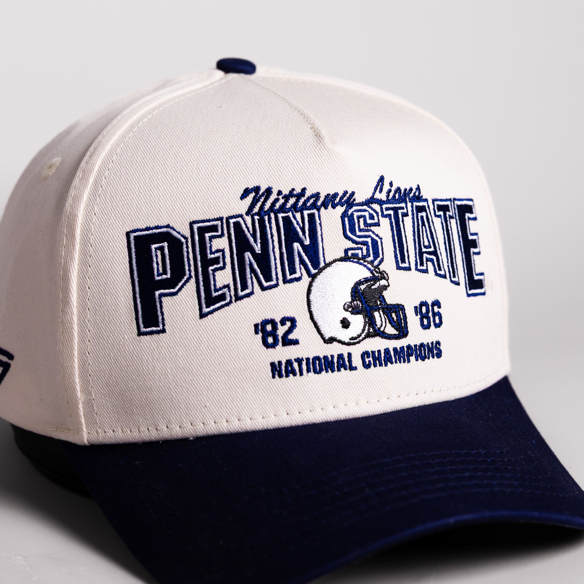 Penn State Nittany Lions National Champions Hat Cream Cotton Navy Brim Snapback - Front Detail