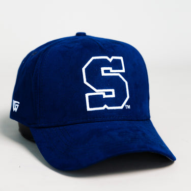 Penn State Nittany Lions Navy Suede Snapback Hat with Block S Logo and Beaver Stadium Patch - Angled View