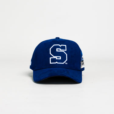 Penn State Nittany Lions Navy Suede Snapback Hat with Block S Logo and Beaver Stadium Patch - Front Panel