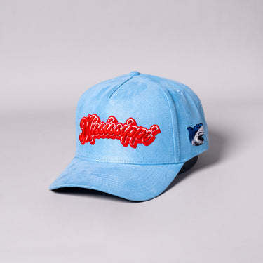 Powder Blue Ole Miss Snapback Hat with Shark Patch - Angled View