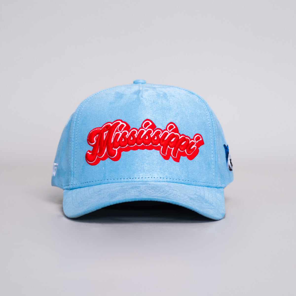 Powder Blue Ole Miss Snapback Hat with Shark Patch - Front Panel