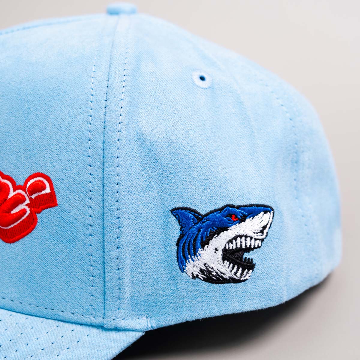 Powder Blue Ole Miss Snapback Hat with Shark Patch - Side Shark Patch