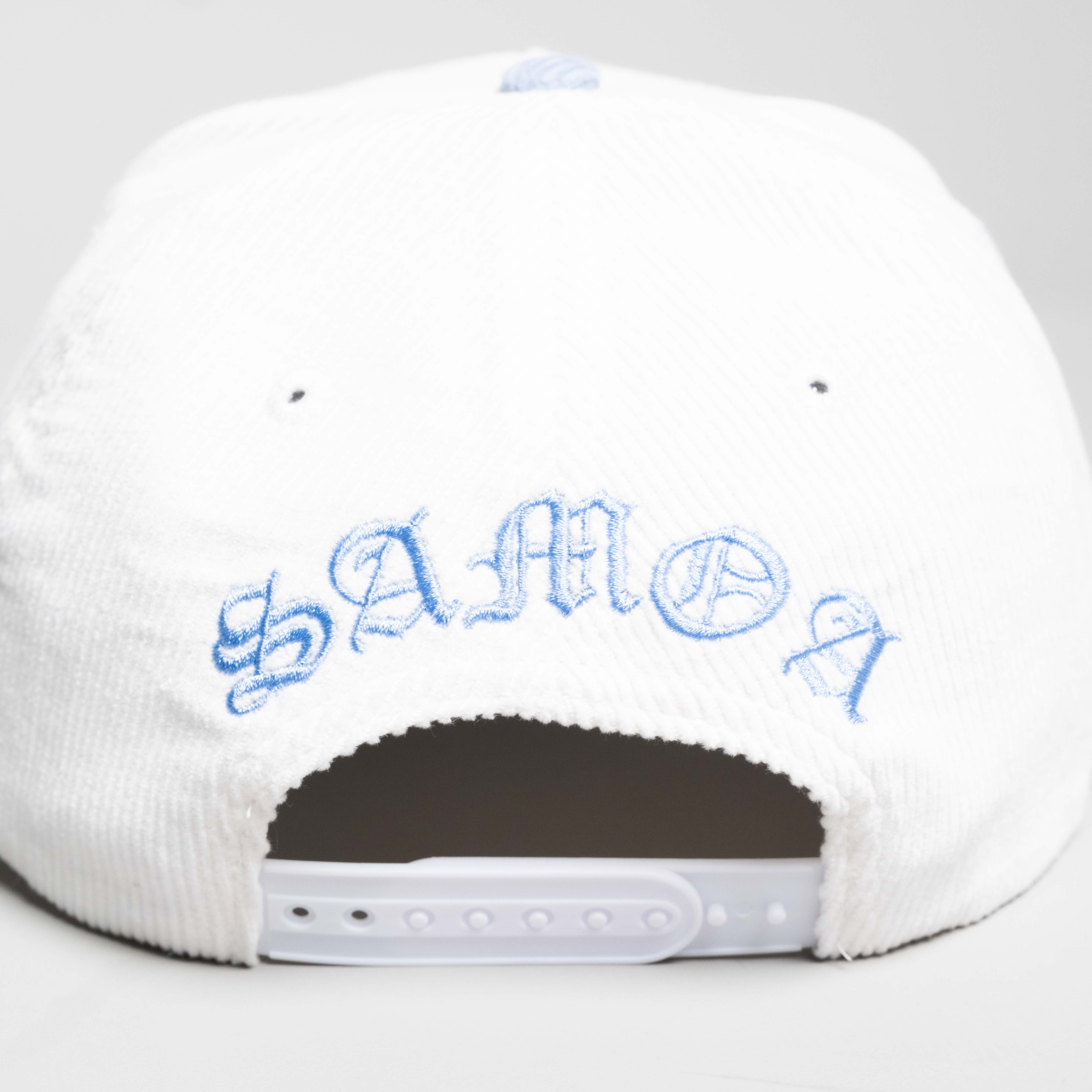 Samoa Hat White and Powder Blue Corduroy S Snapback - Back View